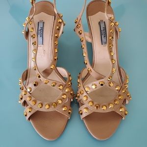 PRADA Nude "Rockstud" Wedges - Size 40